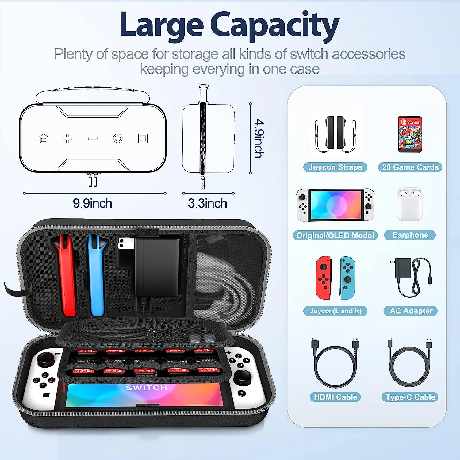 Switch OLED Carrying Case Compatible with Nintendo Switch/OLED Model, Portable Switch Travel Carry Case for Joy-Con and Adapter, Hard Shell Dockable Protective Switch Pouch Case with 20 Games, Grey (Nintendo Switch)